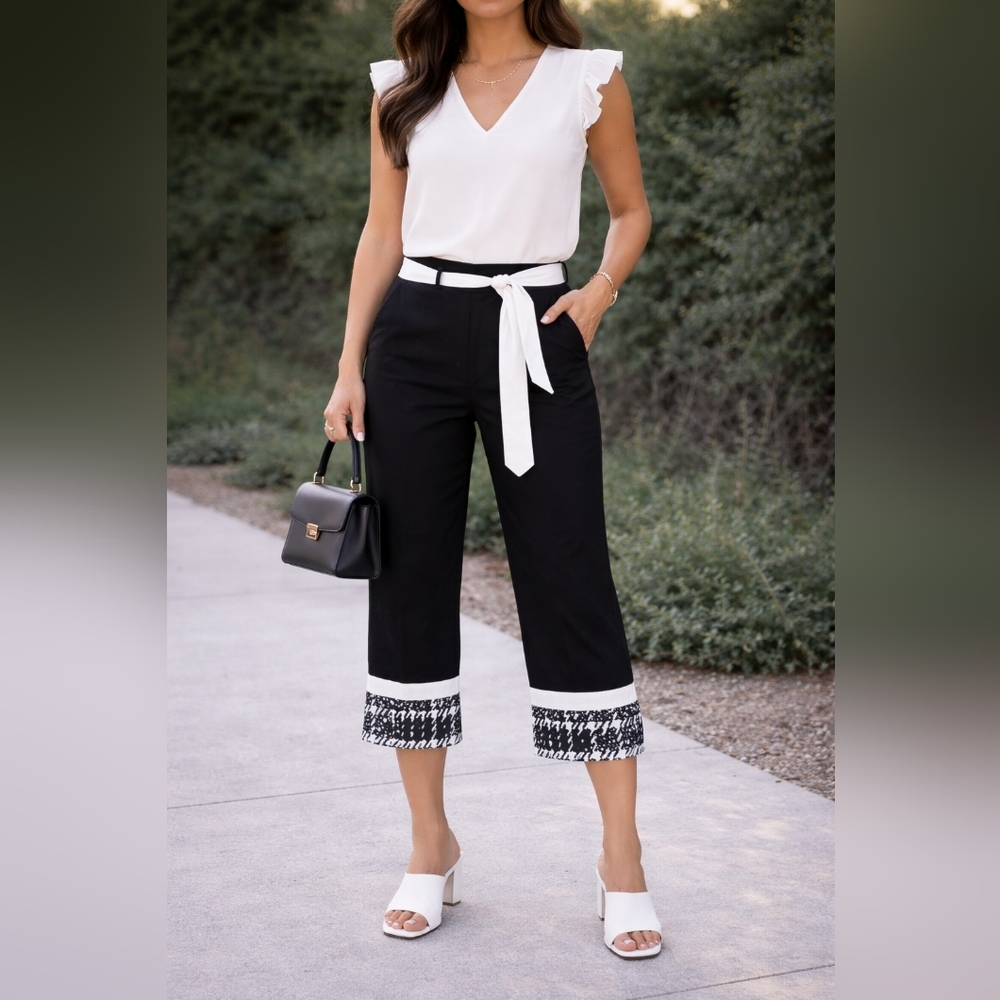 Vintage Joseph Ribkoff Capri Black & White Contrast Hem And Sash Belt